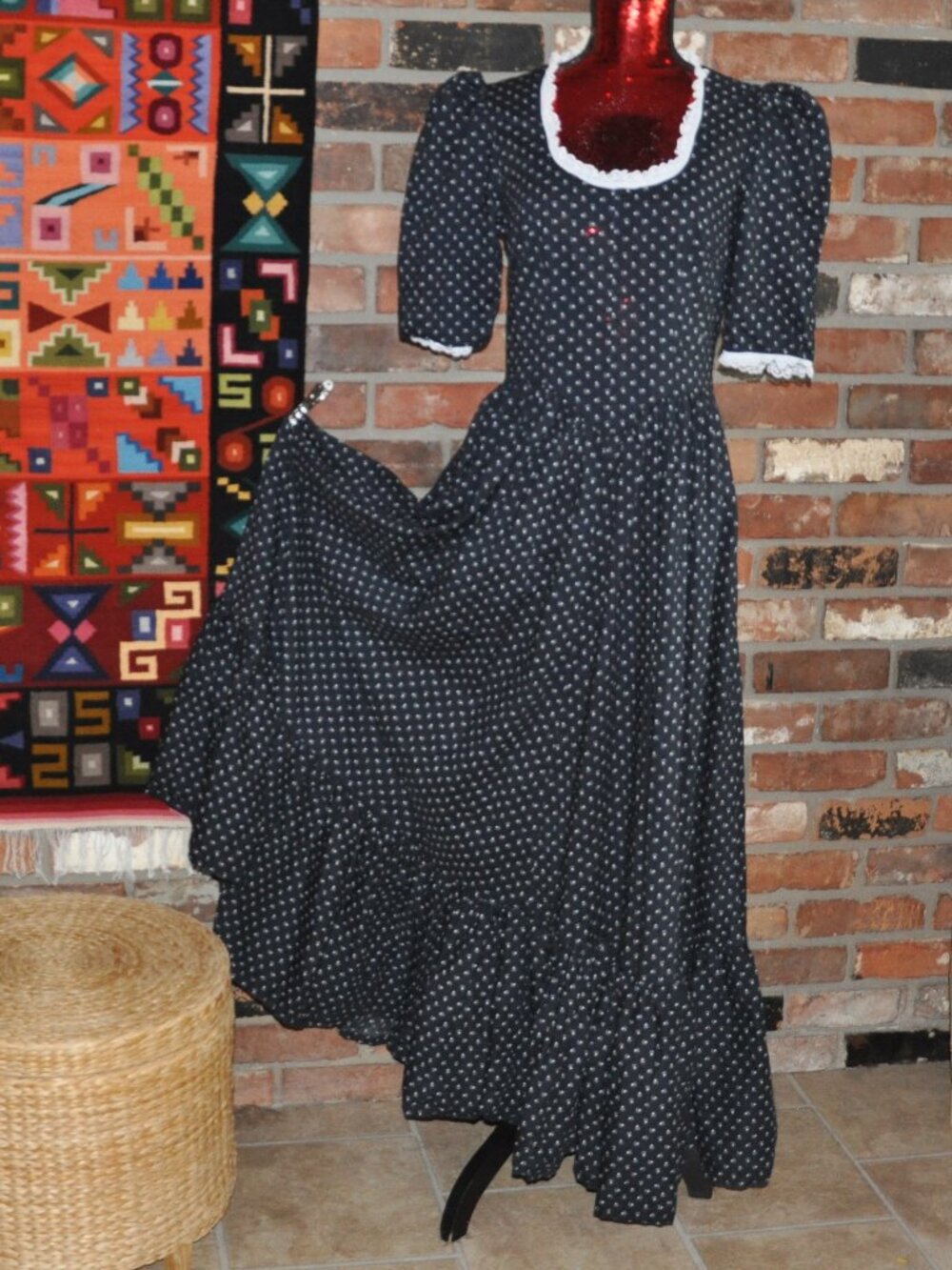 Vintage Calico Floral Maxi Prairie Cottage Cottagecore DRESS Navy Handmade M